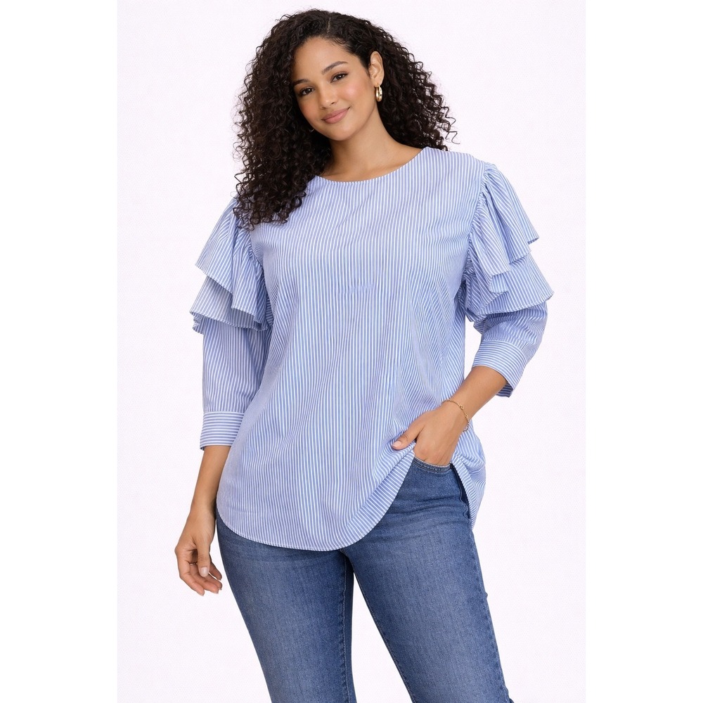 Zara Woman Blue White Striped Ruffle Shoulder V-Back‎ Blouse Top Size M